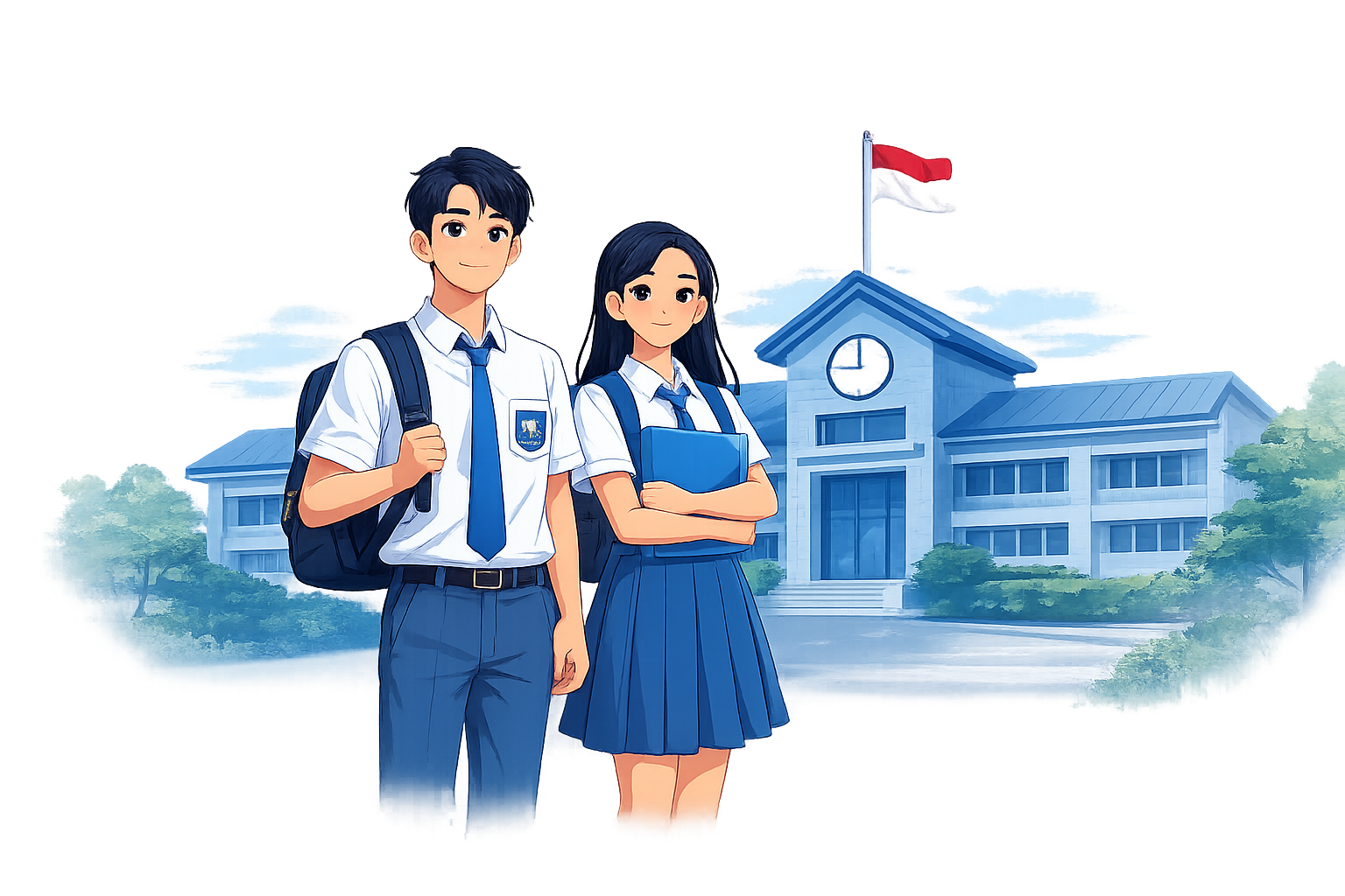 Ilustrasi siswa dan sekolah SMKN 1 Cirebon